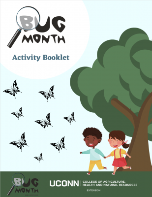 Cover of Bug Month activity booklet with two children running in a group of butterflies.