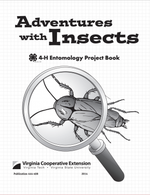 Cover of Adventures with Insects book. Magnifying glass hovering over a bug.